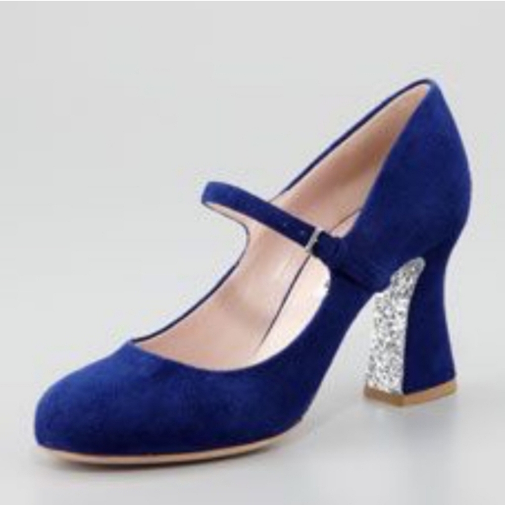 Miu Miu Blue Suede Glitter Mary Jane Pumps
